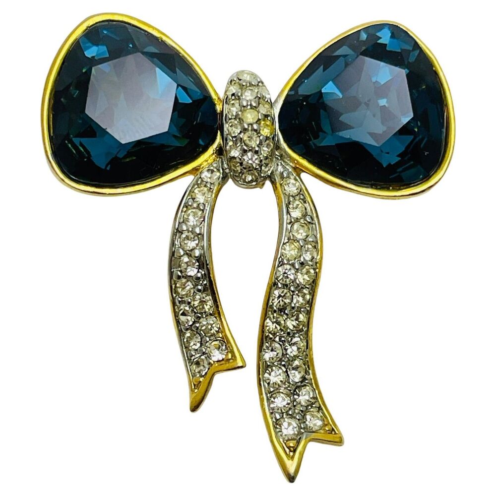 Vintage CRAFT signed gold tone sapphire crystal massive bow designer brooch